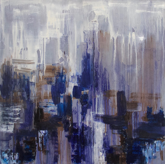 Purple abstract with square brushstrokes and cream drips at the top