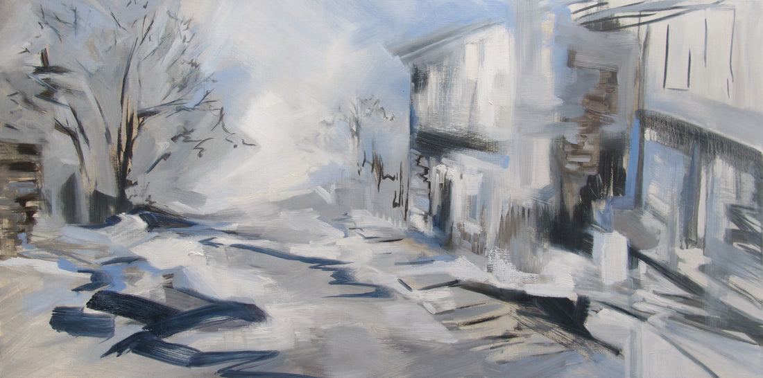 Abstract street scene with buildings and bare tree in blue and grey