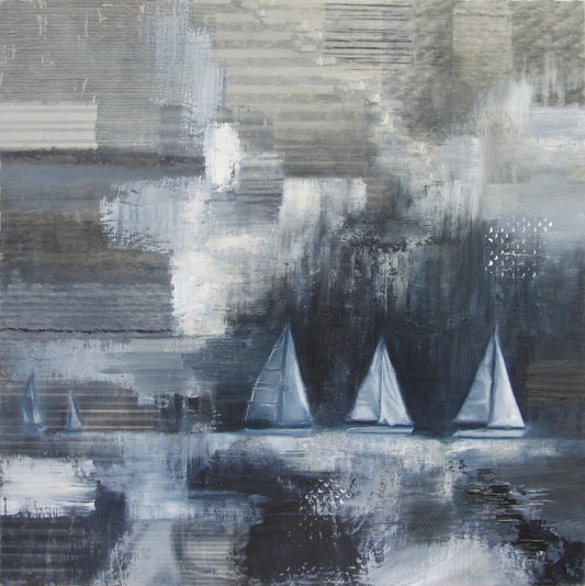 Grey sailboats on a collaged background