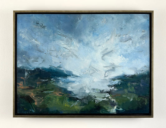 Dark coast with green and pink accents and textured blue sky